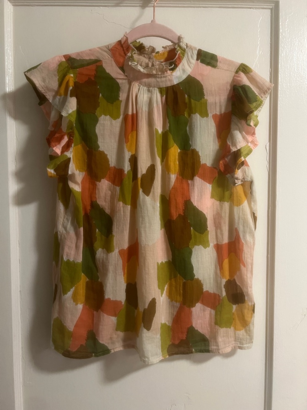 Womens Multicolor Ruffle Sleeve 100% Cotton Sleeveless Blouse - Pink & Olive